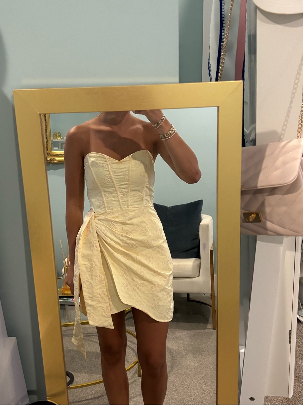 Storia Strapless Pale Yellow Floral Jacquard Mini Dress